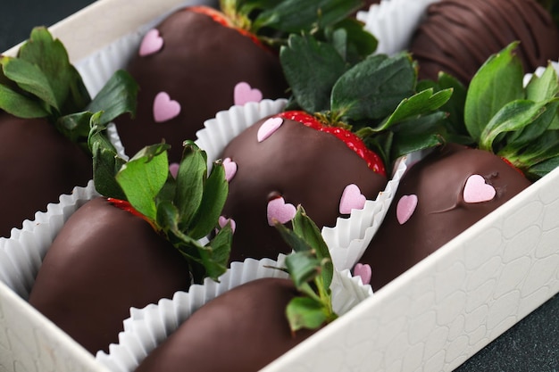 Fresas cubiertas de chocolate gourmet en el fondo oscuro Fresas deliciosas en una caja para el Día de San Valentín