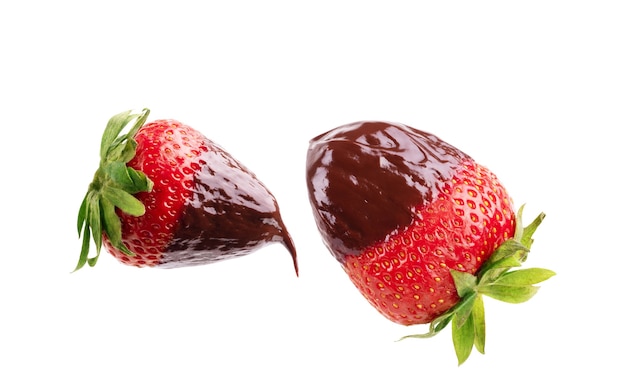Fresas cubiertas de chocolate sobre un fondo blanco.