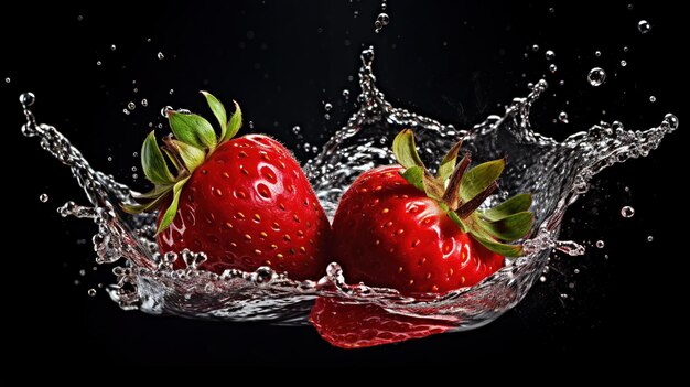 Fresas en un cuenco de agua sobre un fondo negro