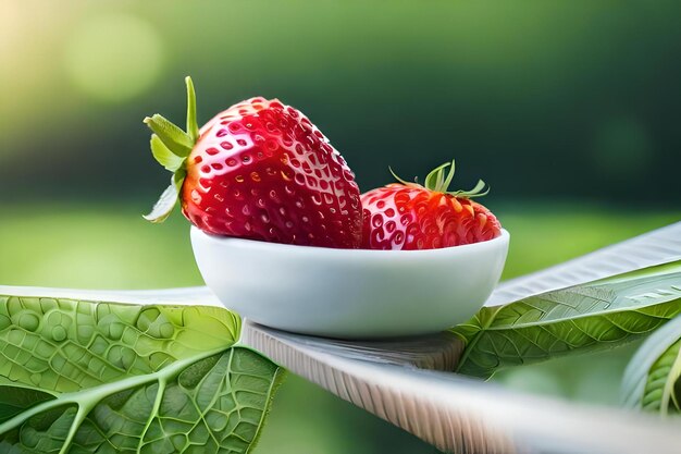 Fresas en un cuenco con una hoja verde