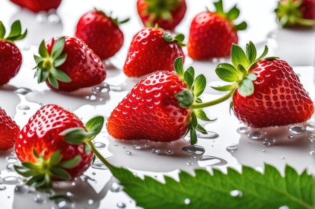 Fresas esparcidas con gotas de agua en el fondo