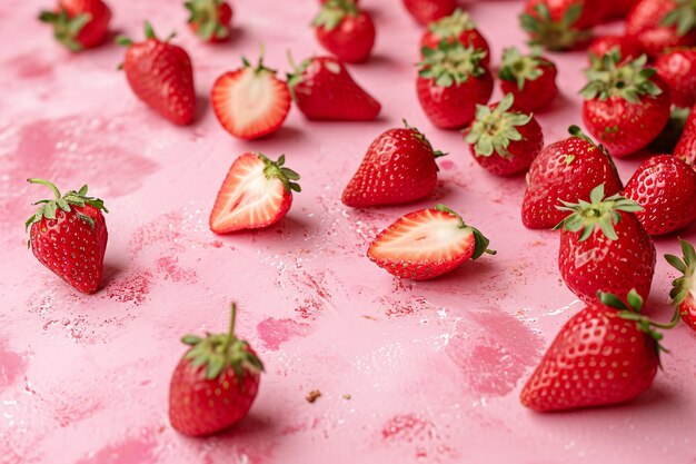 fresas esparcidas en la mesa rosada