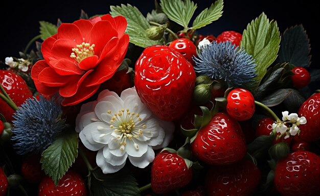 fresas con flores y hojas