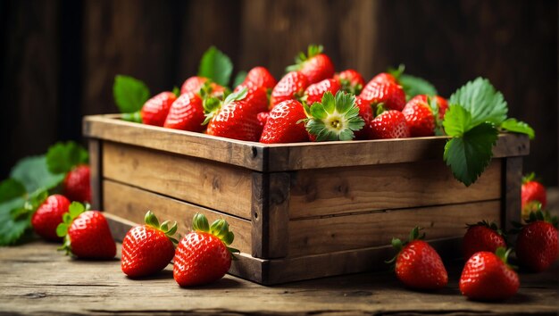 Foto fresas fresas aromáticas en una caja de madera sobre un fondo de cocina