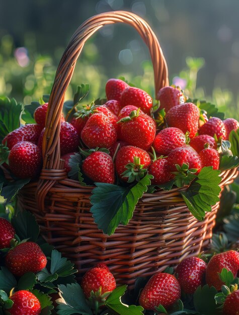 Fresas fresas en una canasta en el jardín