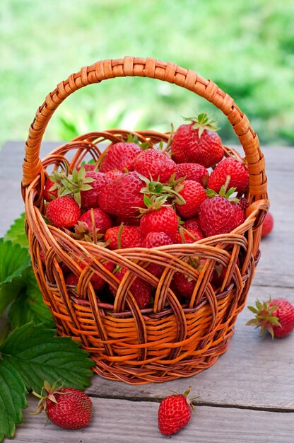 Fresas fresas en una canasta en una mesa en el jardín