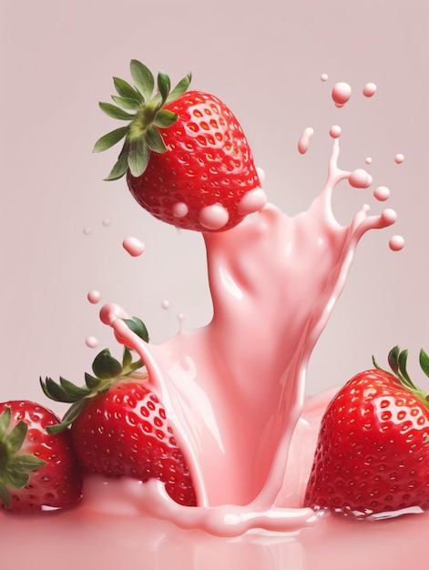 Foto fresas fresas cayendo sobre la leche con salpicaduras