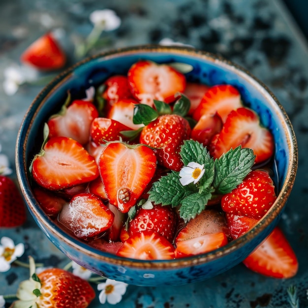 Fresas fresas en un cuenco con hojas de menta