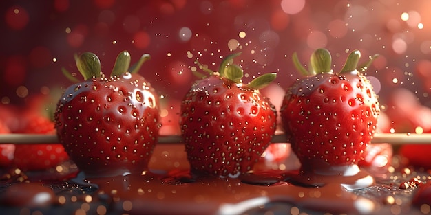 Fresas fresas en horquillas con llovizna de chocolate y telón de fondo brillante perfecto para la fotografía de comida IA