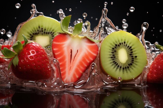 Fresas fresas y kiwi en agua clara