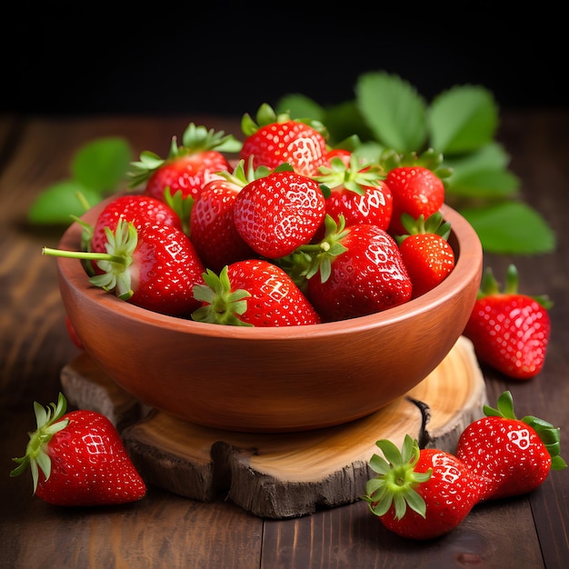 Foto fresas fresas maduras en un cuenco sobre un fondo de madera foco selectivo