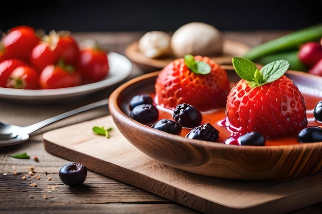 fresas y fresas en un plato con fondo de madera