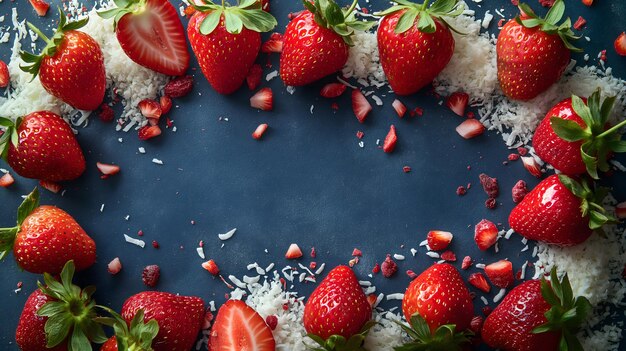 Fresas fresas sobre un fondo azul con coco triturado