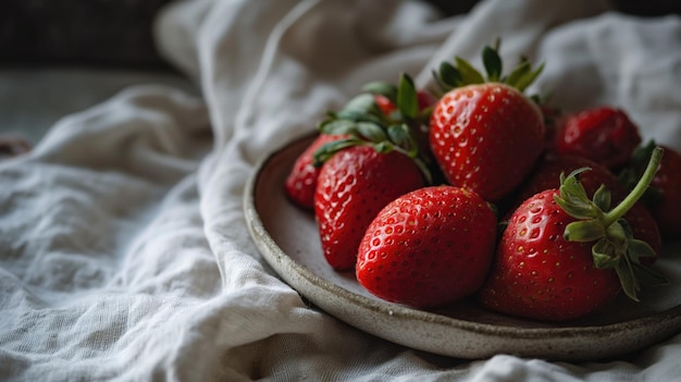 Fresas fresas sobre un fondo de tela rústica