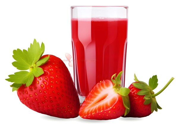 Fresas fresas y un vaso de jugo de fresas aislado sobre un fondo transparente