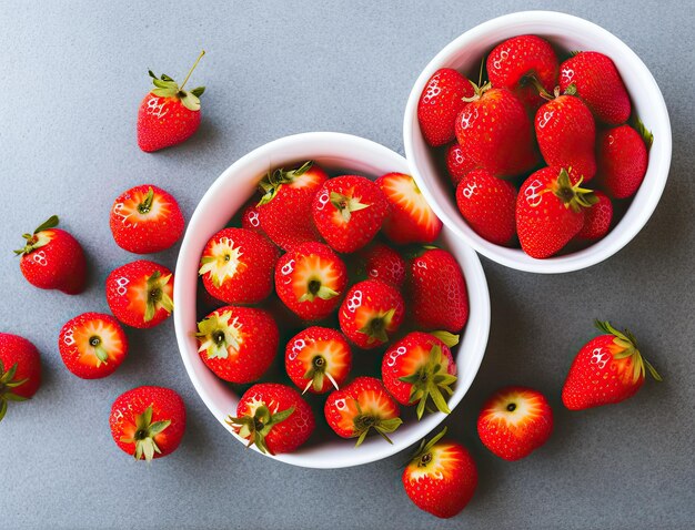 fresas frescas en un bol sobre una vista superior de fondo de madera