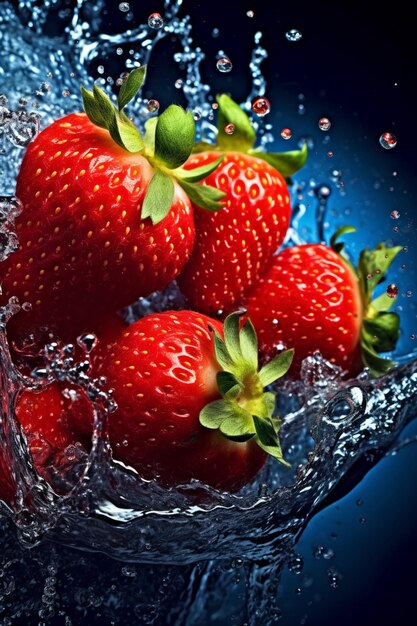 Fresas frescas cayendo al agua con un toque sobre un fondo negro