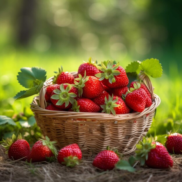 Fresas frescas en una cesta de mimbre sobre un fondo de hierba verde