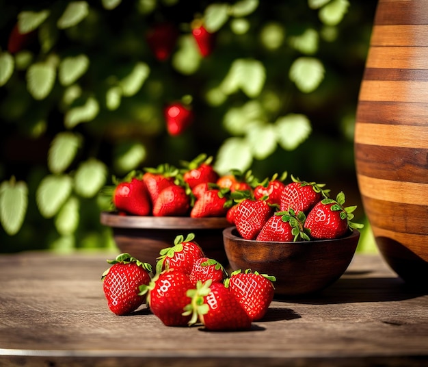 fresas frescas en una cesta sobre un fondo de madera