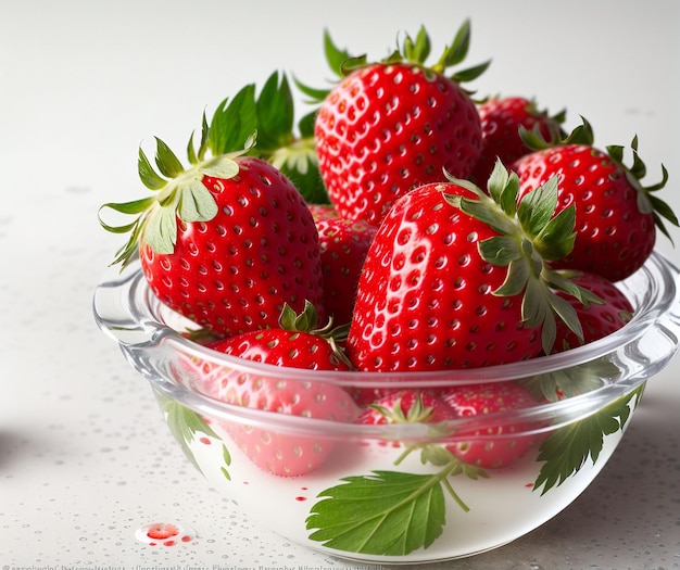 Fresas frescas en un recipiente de vidrio con crema