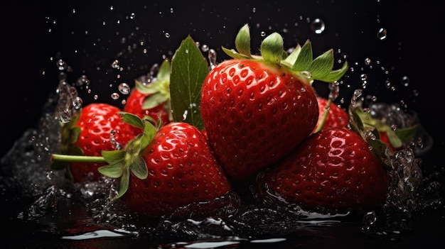 Fresas frescas rojas con gotas de agua sobre fondo oscuro