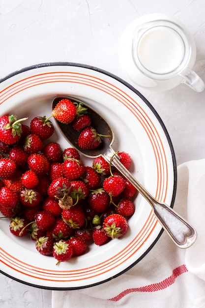 Fresas frescas en el tazón de hierro con leche en jarra de vidrio