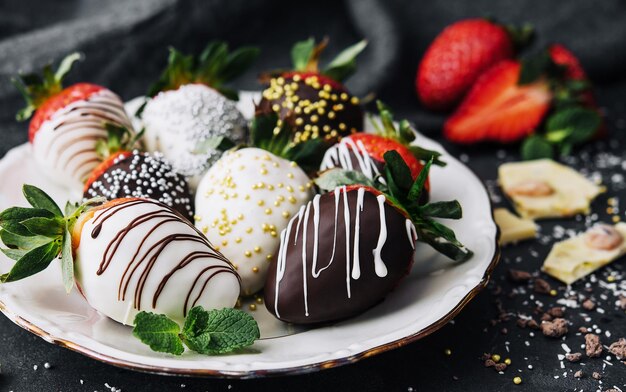 Las fresas glaseadas con chocolate blanco y negro yacen en un plato blanco