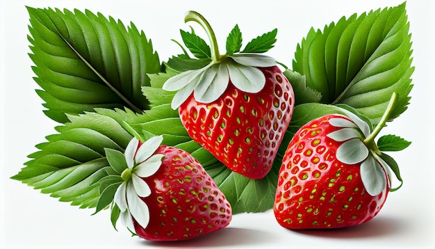 Fresas con hojas aisladas sobre fondo blanco Imagen generada por Ai