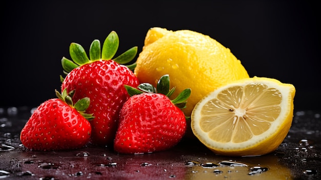 Foto fresas y limón sobre un fondo negro con gotas de agua