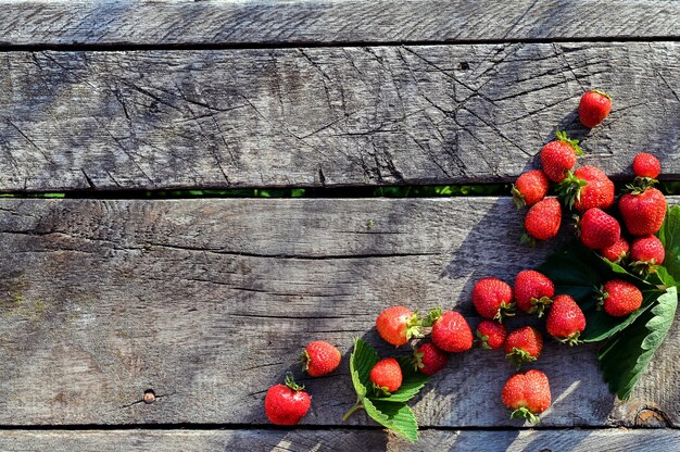 Fresas en madera rústica con espacio de copia