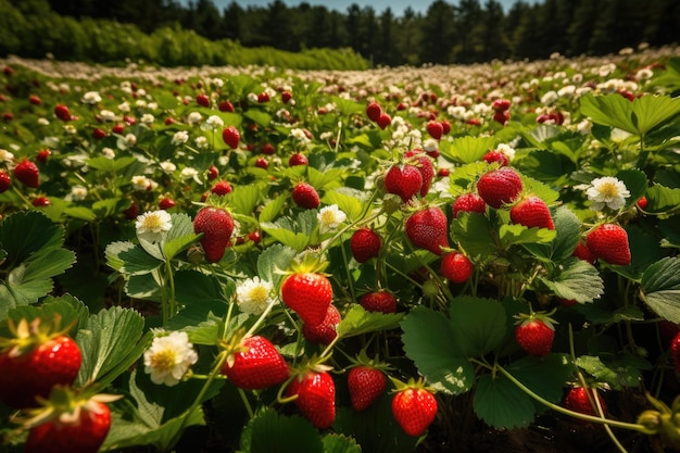 fresas maduras en un campo exuberante con abejas que polinizan frescura y vitalidad capturadas IA generativa