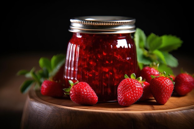 Fresas maduras y jugosas y mermelada de fresas en un frasco de vidrio sobre una mesa de madera