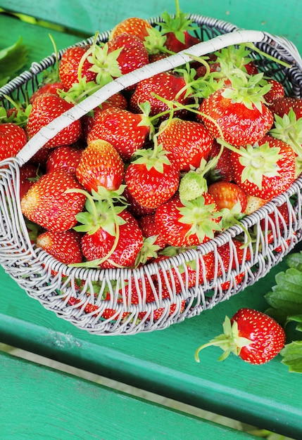 Fresas maduras y sabrosas metal una cesta en la calle en un banco verde