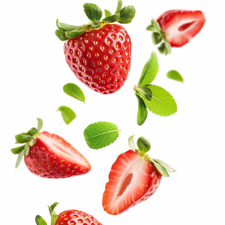 Fresas con medias rebanadas cayendo sobre un fondo blanco