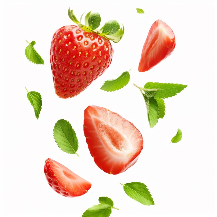 Fresas con medias rebanadas cayendo sobre un fondo blanco