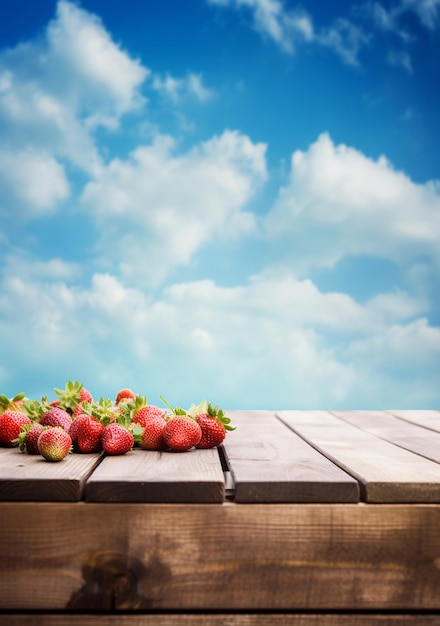 Fresas en una mesa de madera con un cielo azul detrás de ellas