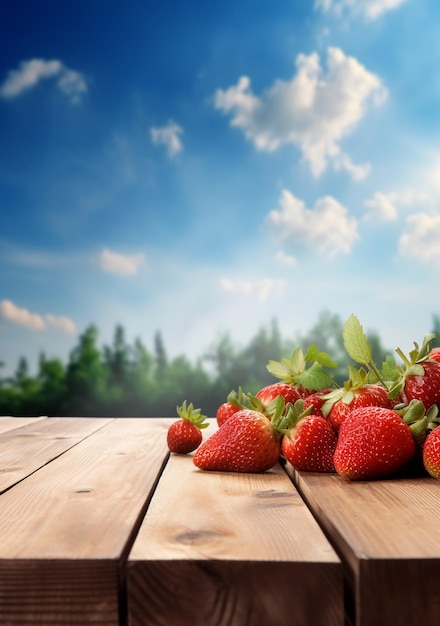 Fresas en una mesa de madera con un cielo azul de fondo