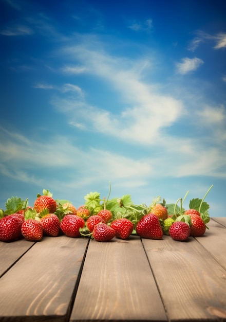 Fresas en una mesa de madera con un fondo de cielo azul