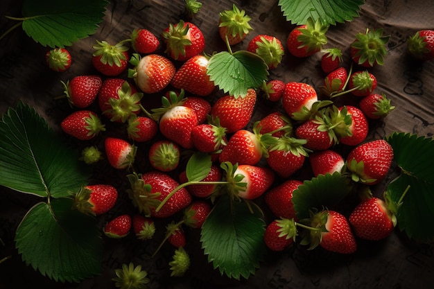 Fresas en una mesa de madera con hojas verdes