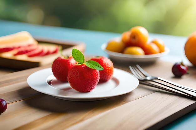 fresas y naranjas en un plato con un tenedor y un plato de fruta.