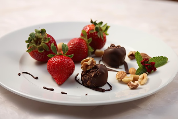 Fresas y nueces cubiertas de chocolate en un plato blanco creado con ai generativo