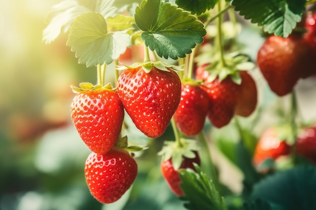 de fresas orgánicas rojas maduras en la planta en un invernadero moderno