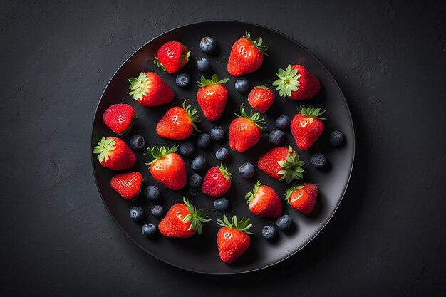 Fresas en un plato sobre un fondo oscuro Vista superior IA generativa