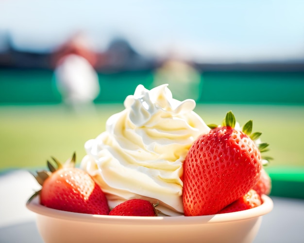 Fresas de primer plano con crema limpia en un tazón de crema blanca en una cancha de tenis borrosa