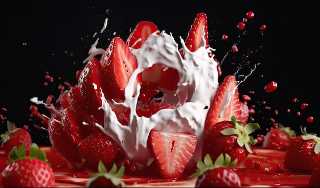 Fresas en rodajas con crema de fondo Postre de verano perfecto Ai generativo