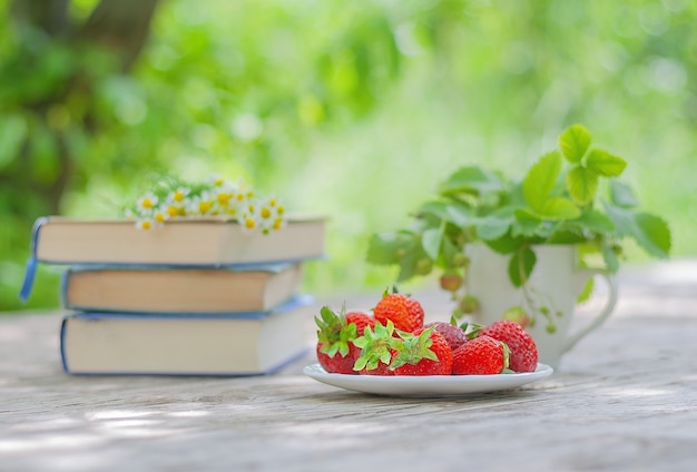 Fresas rojas y una pila de libros sobre la mesa en el jardín. concepto de vacaciones de verano. concepto de alimentos orgánicos.