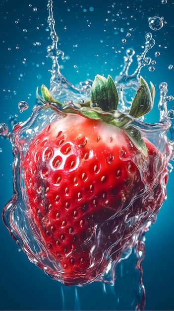 Fresas en salpicaduras de agua sobre un fondo azul