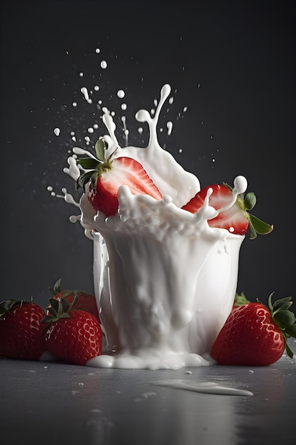 Fresas y salpicaduras de leche en la mesa de madera sobre fondo oscuro