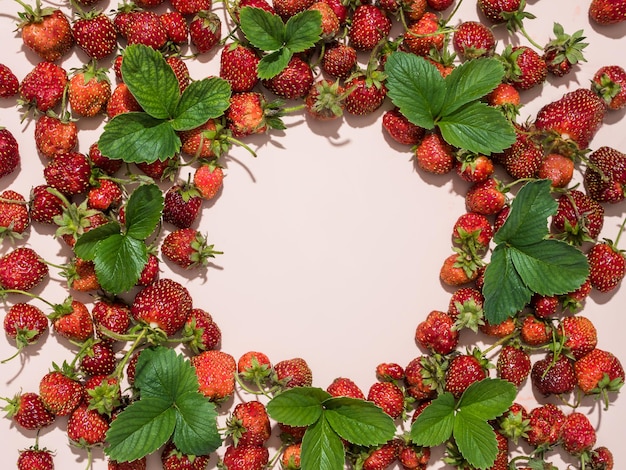 Fresas sobre un fondo de polvo. En el centro hay un círculo vacío para copiar el espacio. Diseño