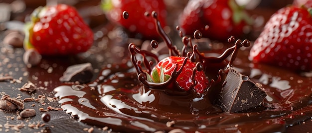 Las fresas se sumergen en el chocolate oscuro, una salpicadura de indulgencia.